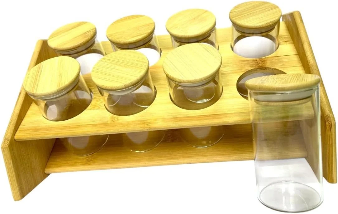 جا ادویه ای FAM با استند بامبو - قفسه نظم دهنده ادویه - ست چوبی دکوری آشپزخانه - شیشه با درب بامبو