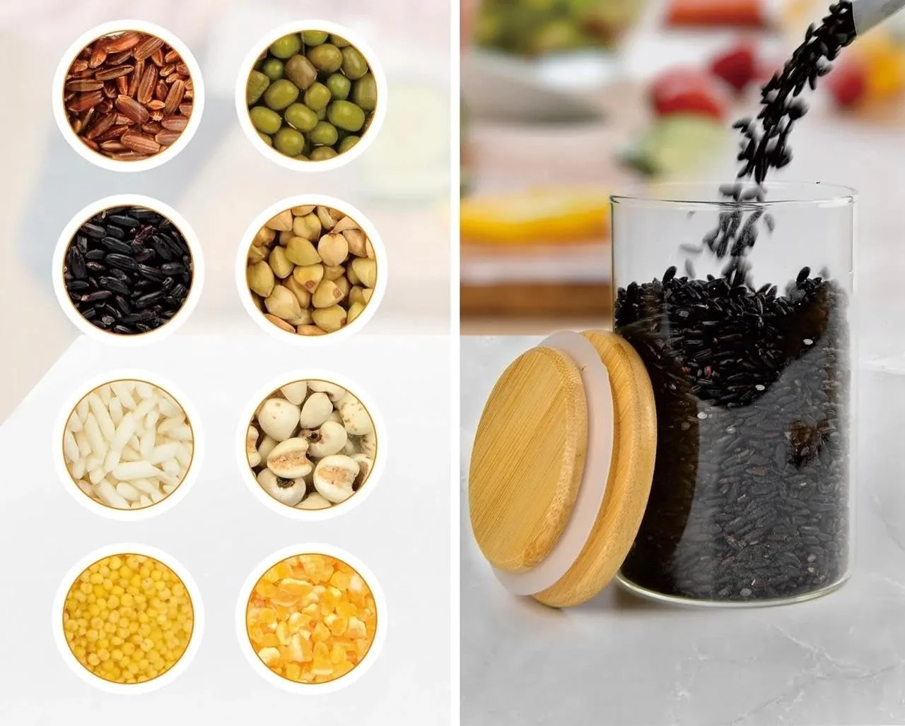 جا ادویه ای FAM با استند بامبو - قفسه نظم دهنده ادویه - ست چوبی دکوری آشپزخانه - شیشه با درب بامبو