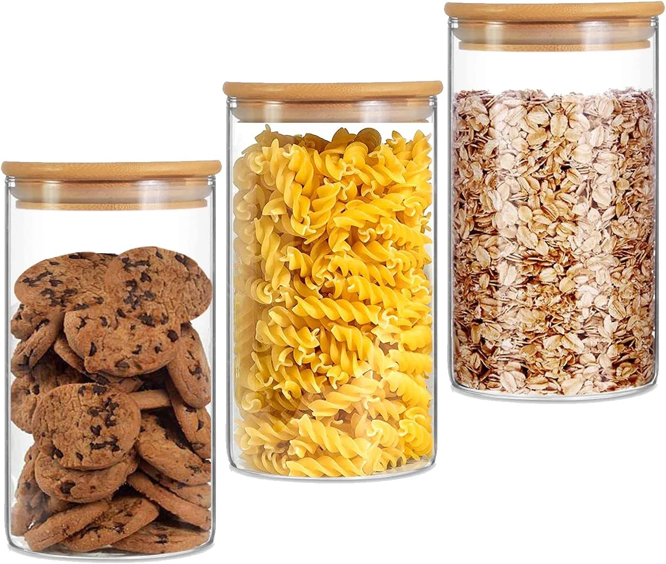 ظروف شیشه ای ذخیره سازی مواد غذایی النژ، ظروف شیشه ای بوروسیلیکات بالا با درب بامبو محکم، ست 3 عددی، ظروف آشپزخانه برای قهوه، آرد، شکر، آبنبات، کلوچه - 750 میلی لیتر