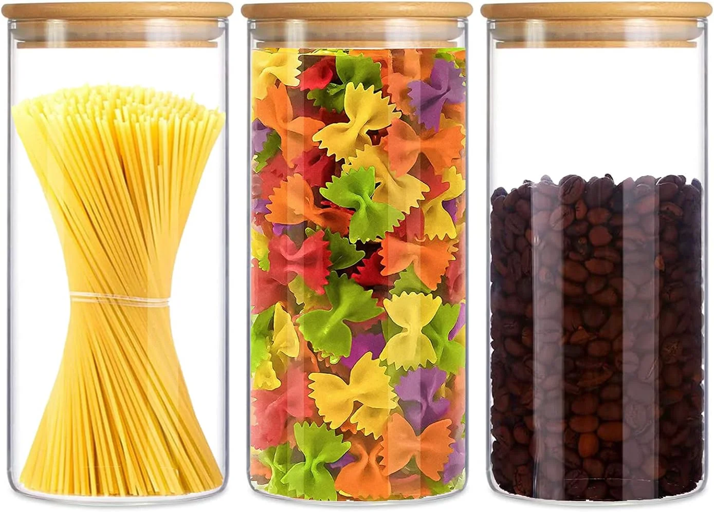 ست 3 عددی ظروف شیشه ای ذخیره سازی النژ با درب، 1000 میلی لیتر - ظروف استوانه ای شفاف و مقاوم در برابر هوا از جنس شیشه بوروسیلیکات بالا با درب بامبو برای نگهداری مواد غذایی، غلات و پاستا