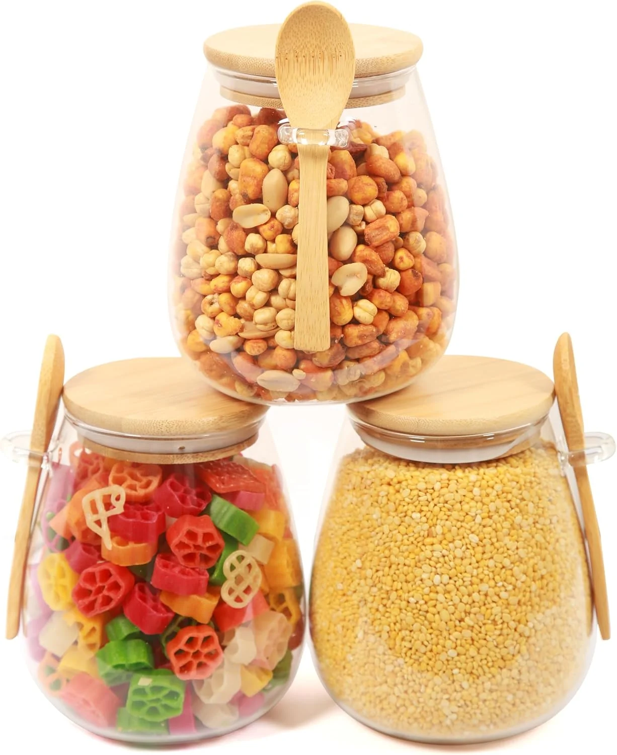 ظروف شیشه ای نگهداری مواد غذایی ELONSEY با قاشق و درب بامبو محکم، 600 میلی لیتر، ظروف کوکی برای چای، دانه های قهوه، ژله، ظروف شیشه ای نگهداری آشپزخانه (مجموعه 3 عددی 600 میلی لیتری)