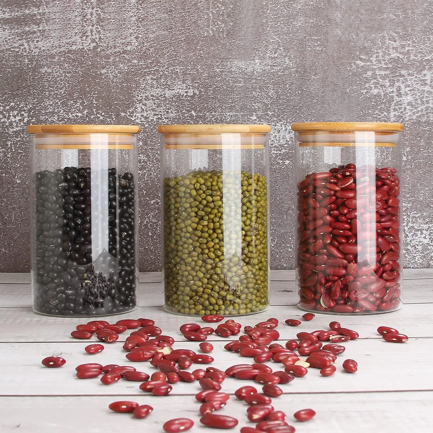 ظروف شیشه ای ذخیره سازی مواد غذایی النژ، ظروف شیشه ای بوروسیلیکات بالا با درب بامبو محکم، ست 3 عددی، ظروف آشپزخانه برای قهوه، آرد، شکر، آبنبات، کلوچه - 750 میلی لیتر