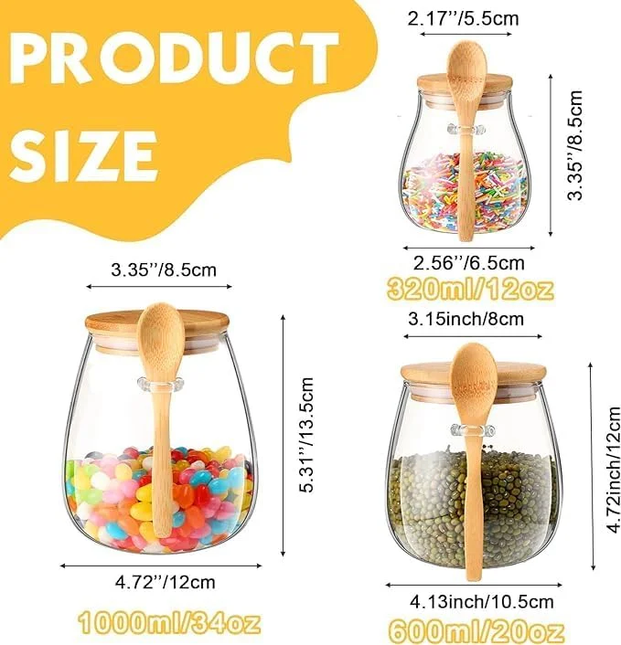 ظروف شیشه ای نگهداری مواد غذایی ELONSEY با قاشق و درب بامبو محکم، 600 میلی لیتر، ظروف کوکی برای چای، دانه های قهوه، ژله، ظروف شیشه ای نگهداری آشپزخانه (مجموعه 3 عددی 600 میلی لیتری)