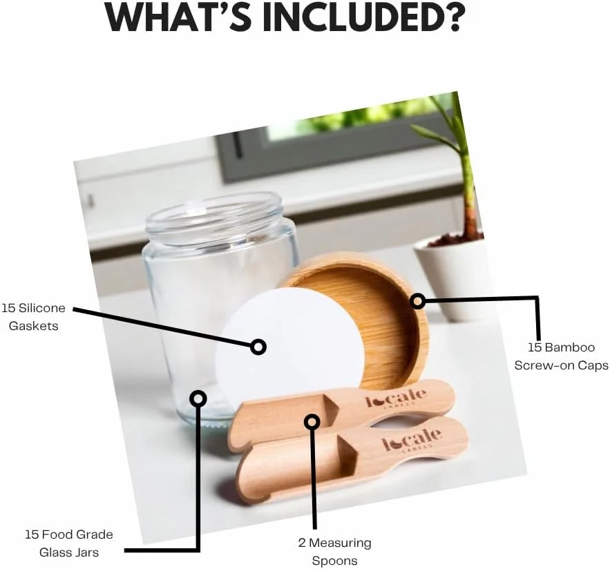 ست 15 عددی شیشه ادویه خالی 240 میلی لیتری با درب بامبو - ظروف نگهداری مواد غذایی با 2 قاشق اندازه گیری - ست نظم دهنده کابینت آشپزخانه برای ادویه جات، گیاهان، چاشنی ها، شمع و صنایع دستی - بدون برچسب