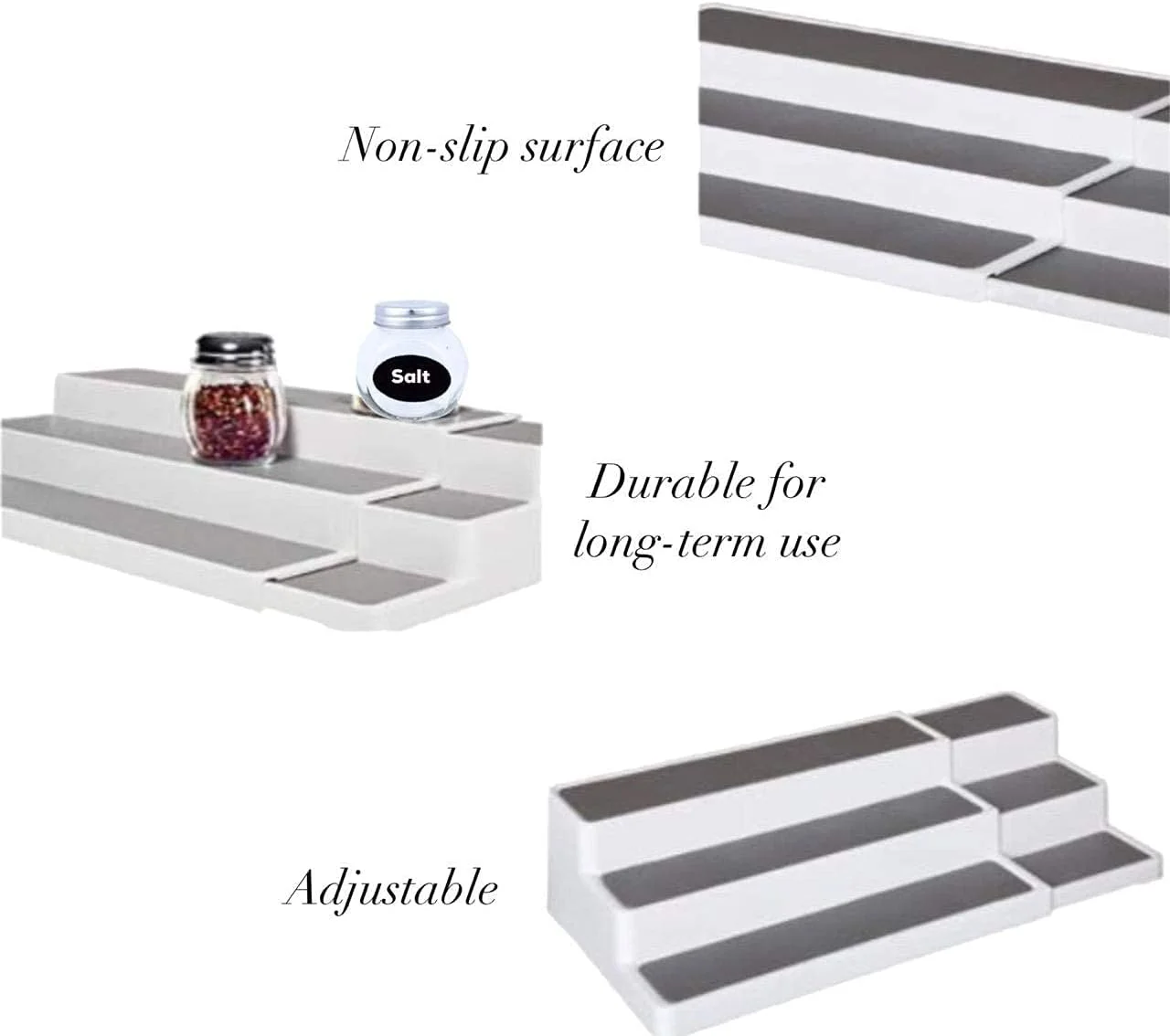 جا ادویه ای 3 طبقه قابل گسترش N3ma با طراحی مدرن و ضد لغزش، مناسب برای کابینت، قفسه پله ای سازمان دهنده برای پیشخوان، انبار و کابینت (سفید و خاکستری)