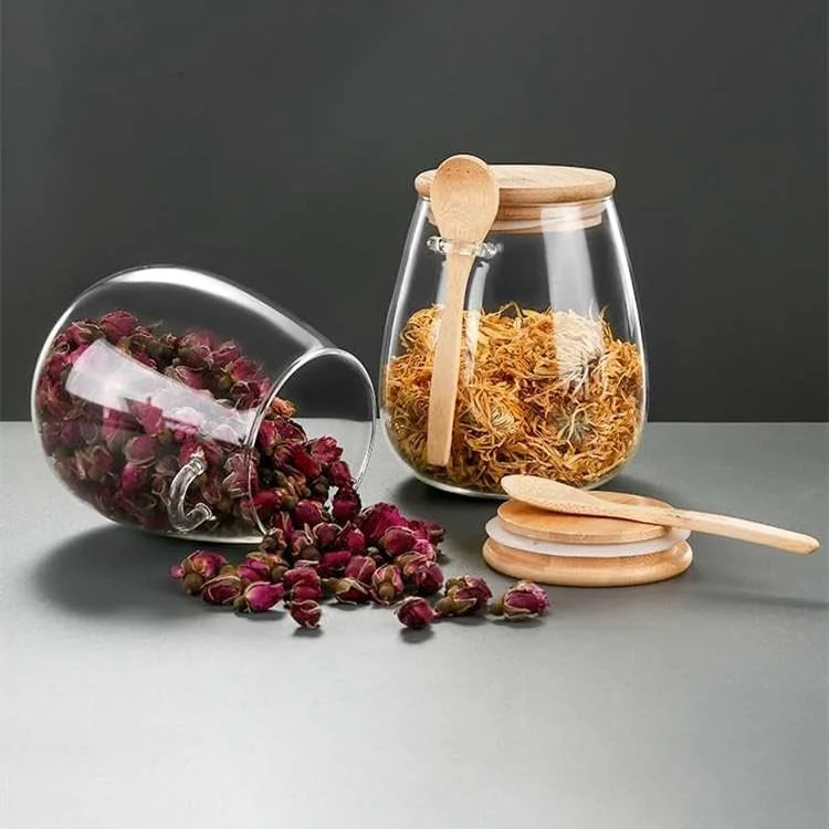 ظروف شیشه ای نگهداری مواد غذایی ELONSEY با قاشق و درب بامبو محکم، 600 میلی لیتر، ظروف کوکی برای چای، دانه های قهوه، ژله، ظروف شیشه ای نگهداری آشپزخانه (مجموعه 3 عددی 600 میلی لیتری)