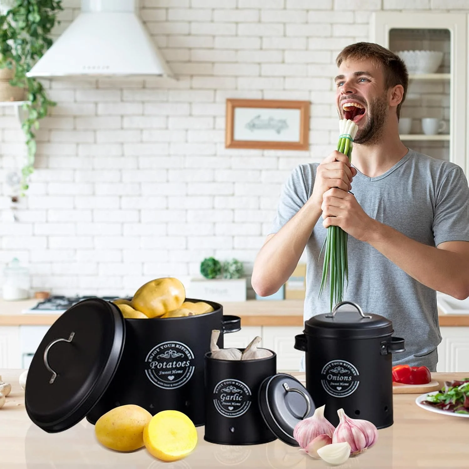 Fangehong 1 عدد جای سیب زمینی، پیاز، سیر، جای سیب زمینی، جعبه های فلزی برای آشپزخانه، ظرف نگهداری سبزیجات با درب (سیر سفید)