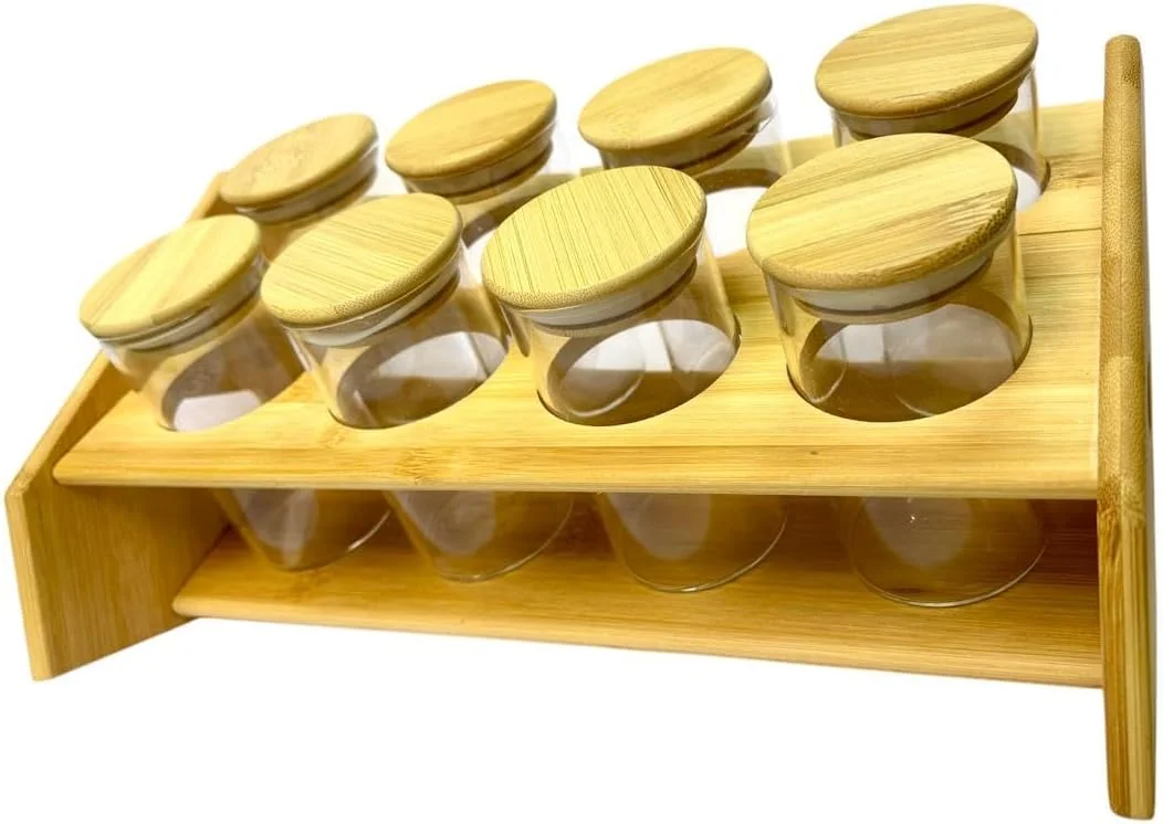 جا ادویه ای FAM با استند بامبو - قفسه نظم دهنده ادویه - ست چوبی دکوری آشپزخانه - شیشه با درب بامبو
