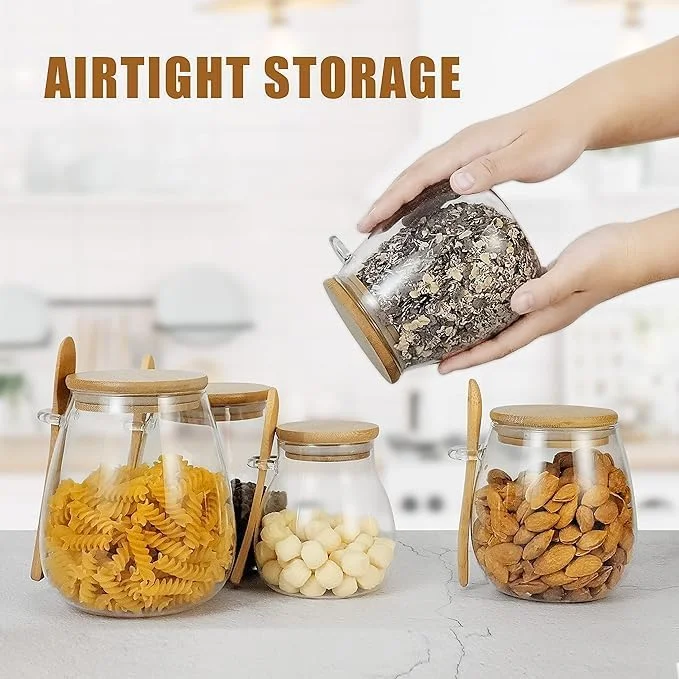 ظروف شیشه ای نگهداری مواد غذایی ELONSEY با قاشق و درب بامبو محکم، 600 میلی لیتر، ظروف کوکی برای چای، دانه های قهوه، ژله، ظروف شیشه ای نگهداری آشپزخانه (مجموعه 3 عددی 600 میلی لیتری)