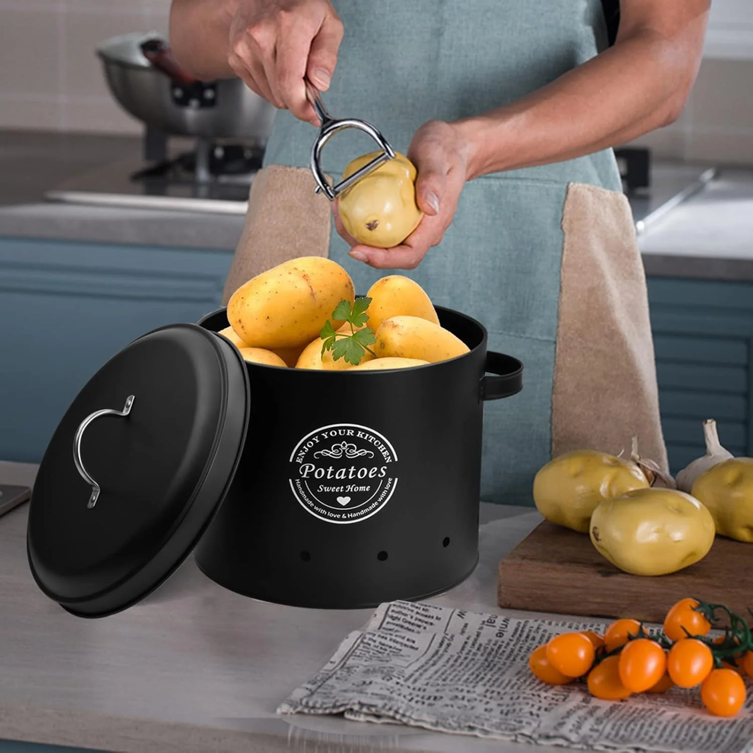 Fangehong 1 عدد جای سیب زمینی، پیاز، سیر، جای سیب زمینی، جعبه های فلزی برای آشپزخانه، ظرف نگهداری سبزیجات با درب (سیر سفید)