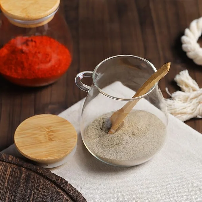 ظروف شیشه ای نگهداری مواد غذایی ELONSEY با قاشق و درب بامبو محکم، 600 میلی لیتر، ظروف کوکی برای چای، دانه های قهوه، ژله، ظروف شیشه ای نگهداری آشپزخانه (مجموعه 3 عددی 600 میلی لیتری)