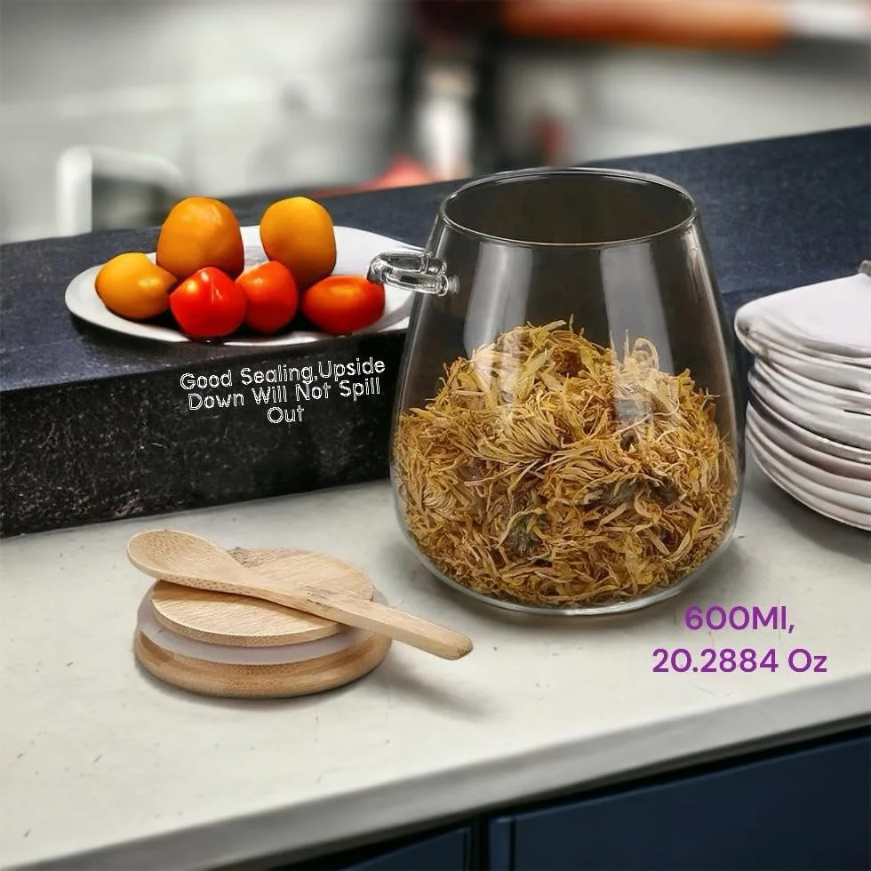 ظروف شیشه ای نگهداری مواد غذایی ELONSEY با قاشق و درب بامبو محکم، 600 میلی لیتر، ظروف کوکی برای چای، دانه های قهوه، ژله، ظروف شیشه ای نگهداری آشپزخانه (مجموعه 3 عددی 600 میلی لیتری)