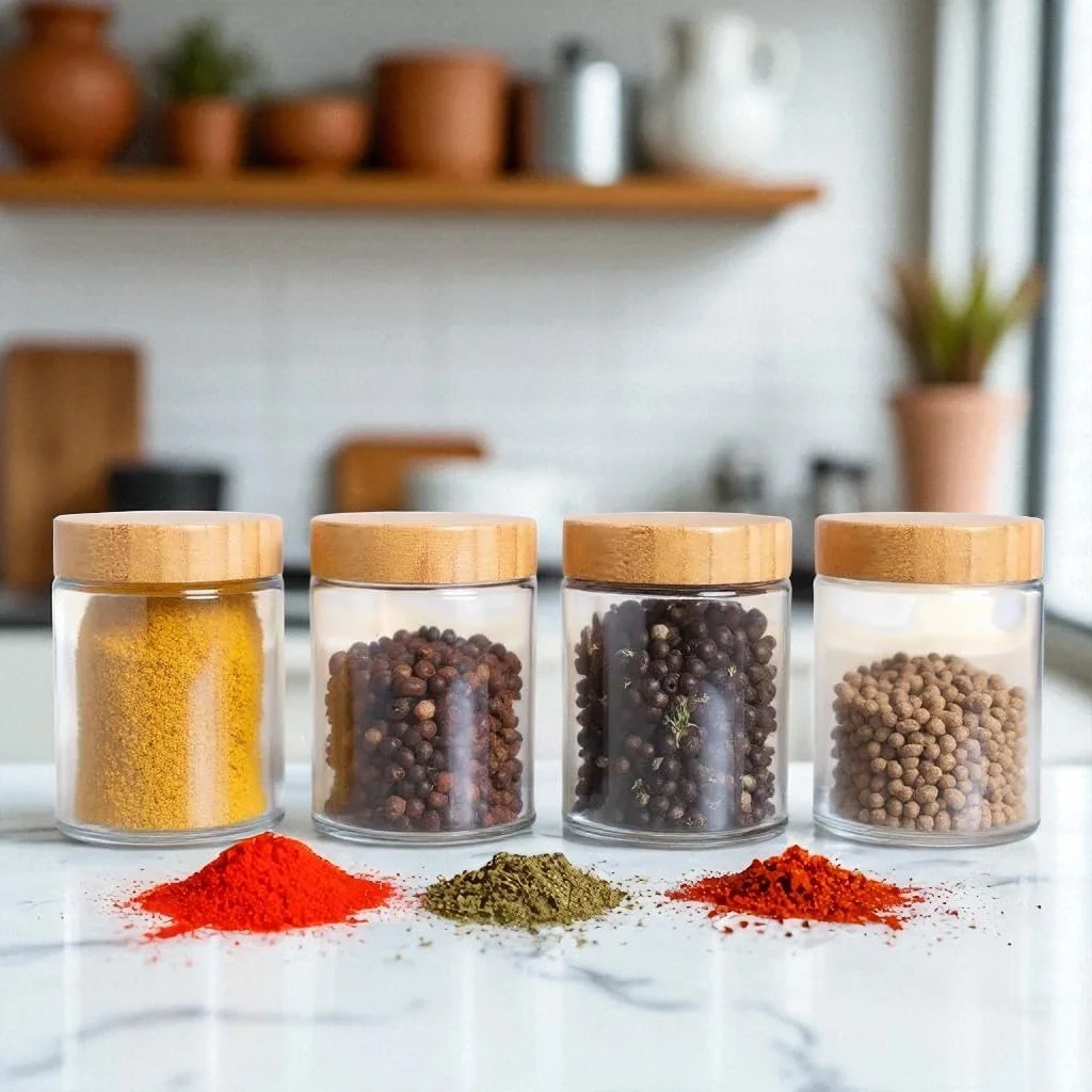 ست 15 عددی شیشه ادویه خالی 240 میلی لیتری با درب بامبو - ظروف نگهداری مواد غذایی با 2 قاشق اندازه گیری - ست نظم دهنده کابینت آشپزخانه برای ادویه جات، گیاهان، چاشنی ها، شمع و صنایع دستی - بدون برچسب