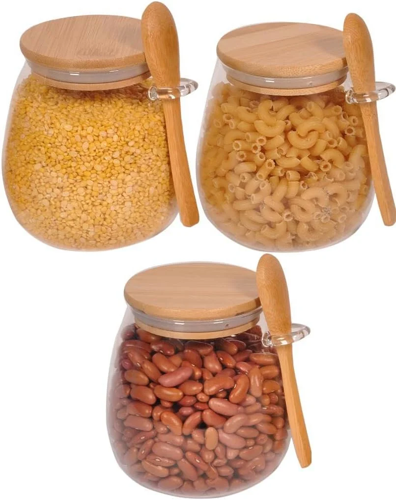 ظروف شیشه ای نگهداری مواد غذایی ELONSEY با قاشق و درب بامبو محکم، 600 میلی لیتر، ظروف کوکی برای چای، دانه های قهوه، ژله، ظروف شیشه ای نگهداری آشپزخانه (مجموعه 3 عددی 600 میلی لیتری)