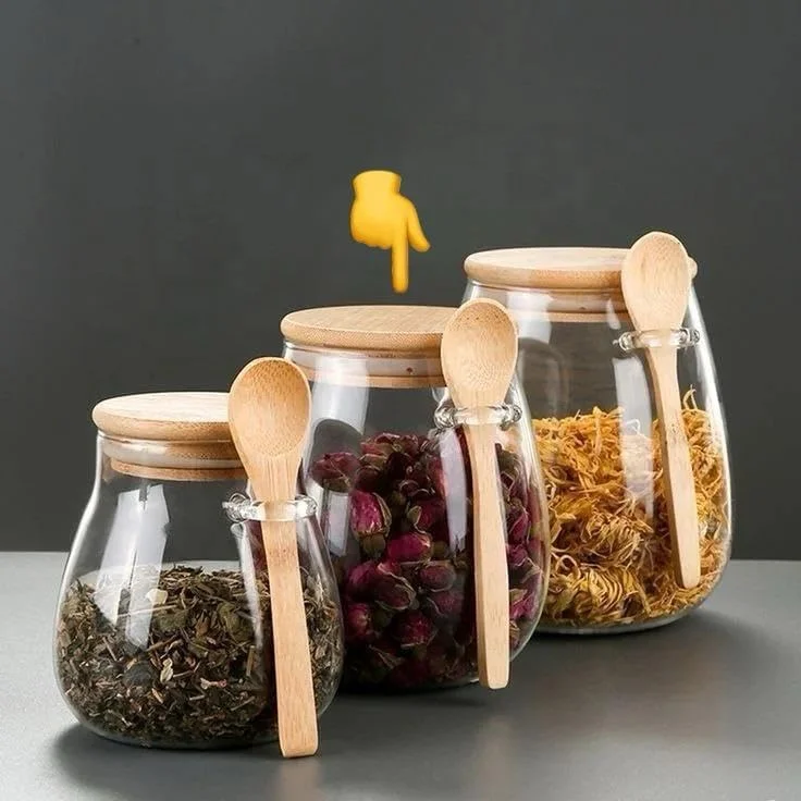 ظروف شیشه ای نگهداری مواد غذایی ELONSEY با قاشق و درب بامبو محکم، 600 میلی لیتر، ظروف کوکی برای چای، دانه های قهوه، ژله، ظروف شیشه ای نگهداری آشپزخانه (مجموعه 3 عددی 600 میلی لیتری)