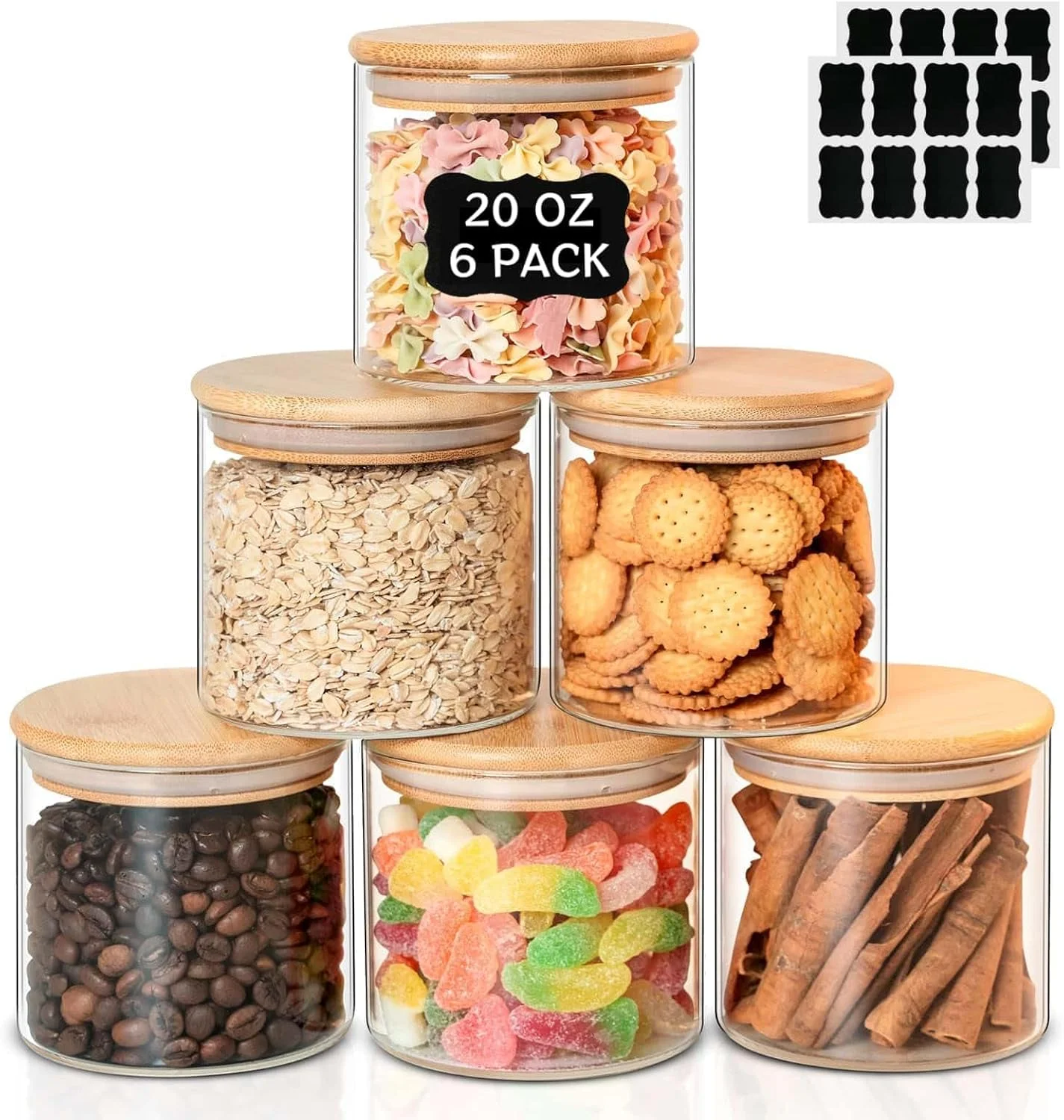 ست 6 عددی ظروف شیشه ای ذخیره سازی مواد غذایی Eidoct با حجم 600 میلی لیتر، ظروف شفاف بوروسیلیکاتی برای نگهداری مواد غذایی در آشپزخانه، مناسب برای غلات، سازماندهی مواد غذایی، ادویه جات، نمک، چای، قهوه و شکر