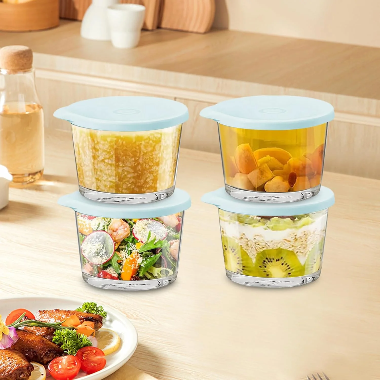 کاسه های شیشه ای با درب - ظروف غذای قابل استفاده مجدد، کاسه های شیشه ای مخلوط کننده | برای آماده سازی غذا، میان وعده، پخت و پز، نگهداری در یخچال و فریزر، ناهار، سالاد، سوپ، ماست، میوه