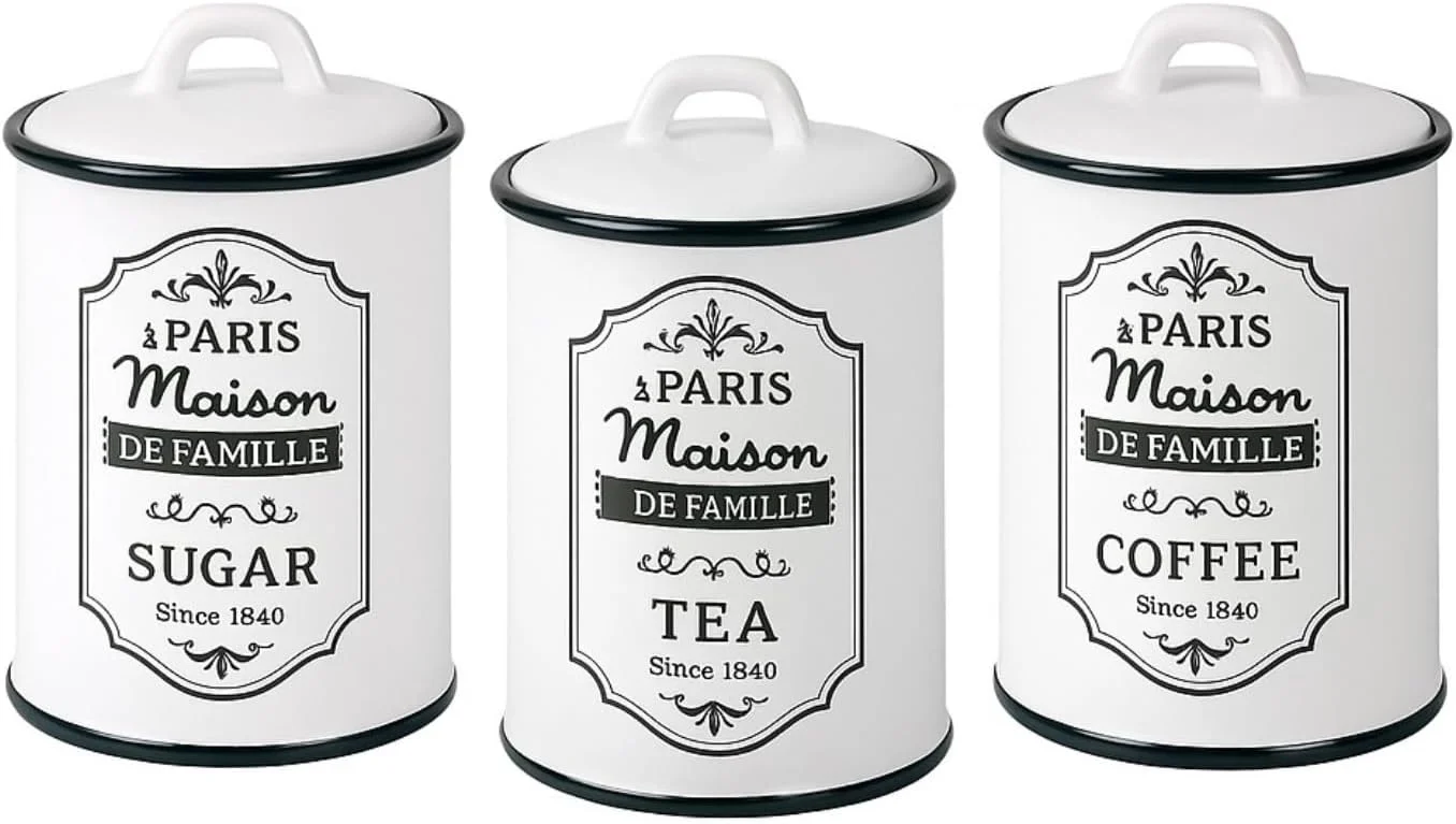 ست ظروف سرامیکی آشپزخانه Maestro - ظروف نگهداری قهوه، چای و شکر درب دار، ظروف ذخیره سازی به سبک فرانسوی قدیمی، مینای سفید عتیقه، دکوراسیون روستایی برای روی کابینت، ست 3 عددی