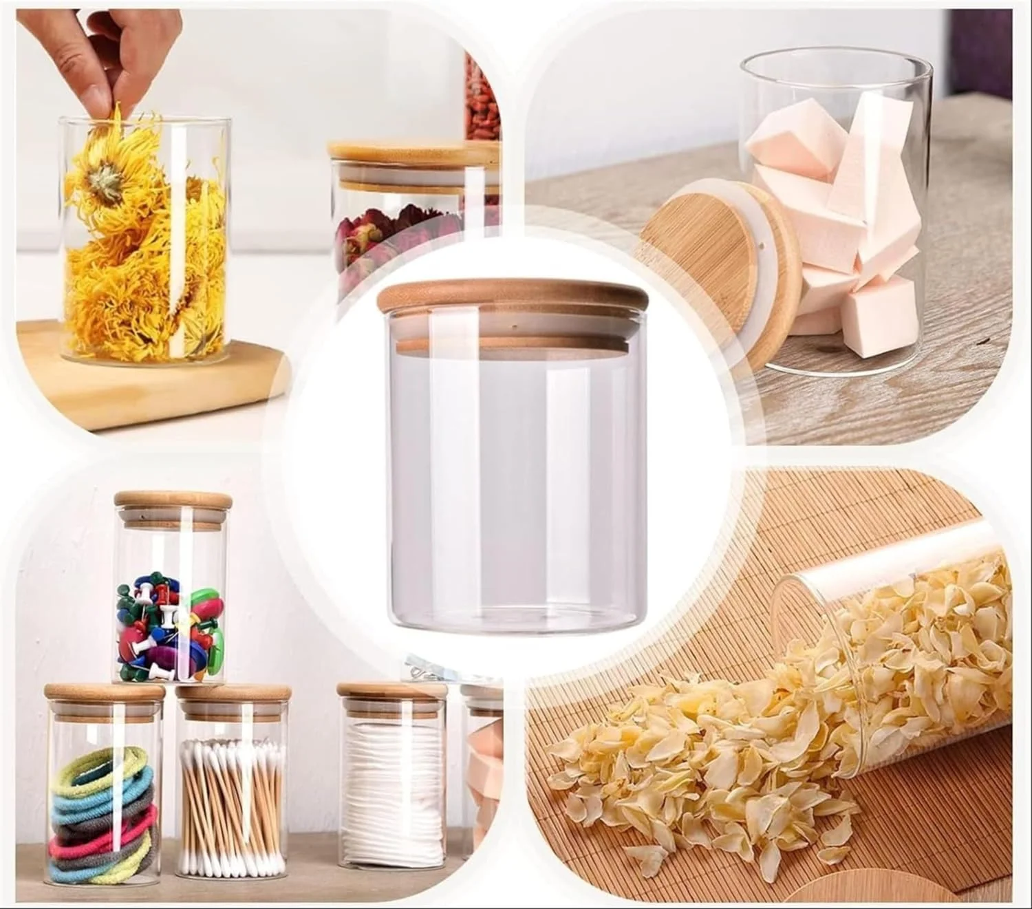 ست 6 عددی ظروف نگهداری شیشه ای بوروسیلیکات با درب، ظرف نگهداری شیشه ای گرد 250 میلی لیتری با درب بامبو، ایده آل برای چای، غلات، غذای خشک، حبوبات، برنج و لوبیا. ست 6 عددی ظروف نگهداری شیشه ای بوروسیلیکات با درب، ظرف نگهداری شیشه ای گرد 250 میلی لیتری با درب بامبو، ایده آل برای چای، غلات، غذای خشک، حبوبات، برنج و لوبیا.