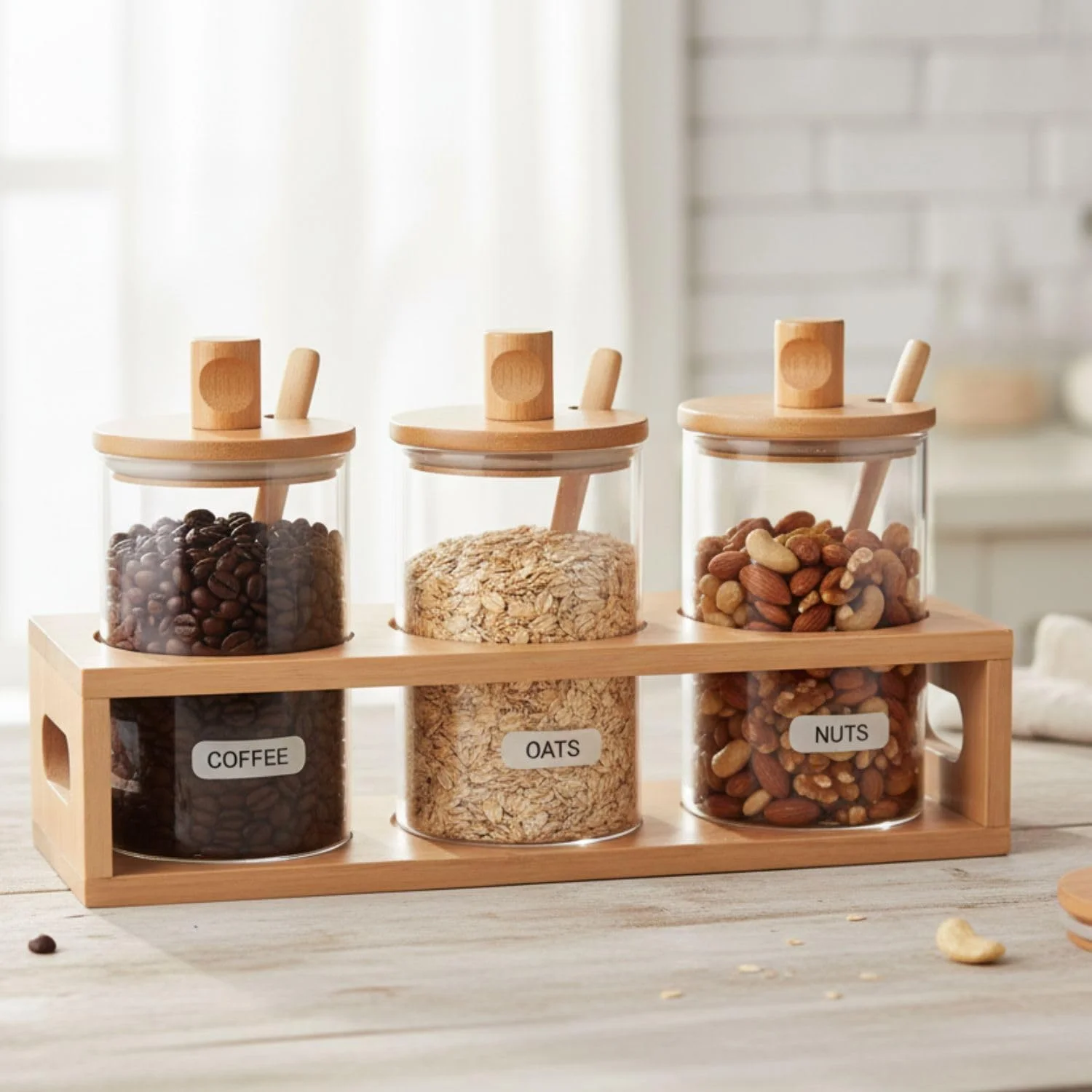 ست ظروف شیشه ای درب دار با قفسه بامبو، 3 عدد ظرف 1300 میلی لیتری برای سازماندهی قهوه، ظروف نگهداری مواد غذایی آشپزخانه برای شکر، آبنبات، جو دوسر، آجیل