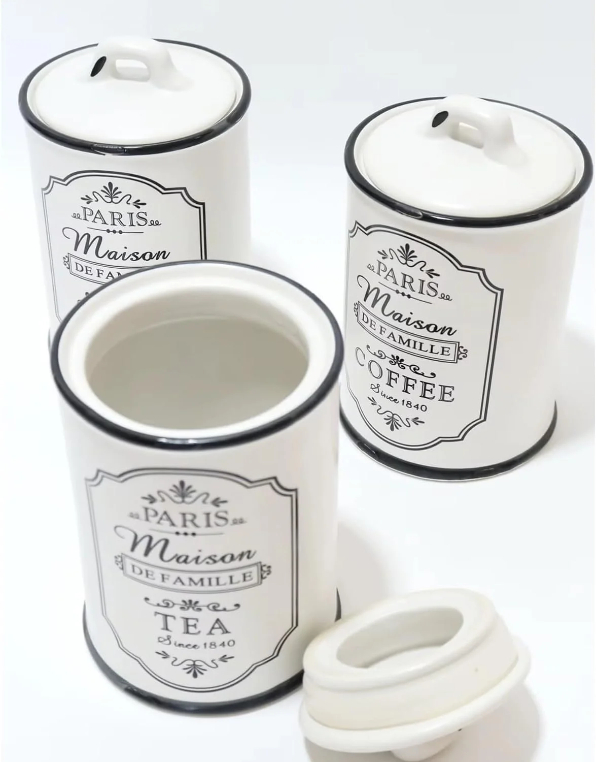 ست ظروف سرامیکی آشپزخانه Maestro - ظروف نگهداری قهوه، چای و شکر درب دار، ظروف ذخیره سازی به سبک فرانسوی قدیمی، مینای سفید عتیقه، دکوراسیون روستایی برای روی کابینت، ست 3 عددی ست ظروف سرامیکی آشپزخانه Maestro - ظروف نگهداری قهوه، چای و شکر درب دار، ظروف ذخیره سازی به سبک فرانسوی قدیمی، مینای سفید عتیقه، دکوراسیون روستایی برای روی کابینت، ست 3 عددی