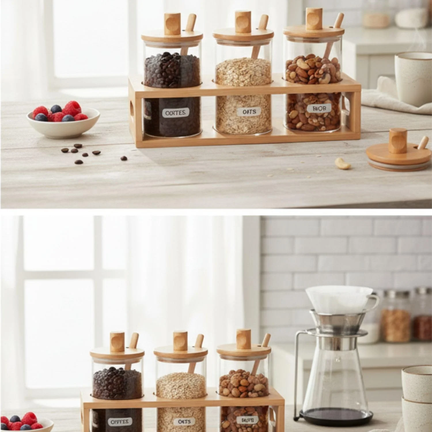 ست ظروف شیشه ای درب دار با قفسه بامبو، 3 عدد ظرف 1300 میلی لیتری برای سازماندهی قهوه، ظروف نگهداری مواد غذایی آشپزخانه برای شکر، آبنبات، جو دوسر، آجیل ست ظروف شیشه ای درب دار با قفسه بامبو، 3 عدد ظرف 1300 میلی لیتری برای سازماندهی قهوه، ظروف نگهداری مواد غذایی آشپزخانه برای شکر، آبنبات، جو دوسر، آجیل