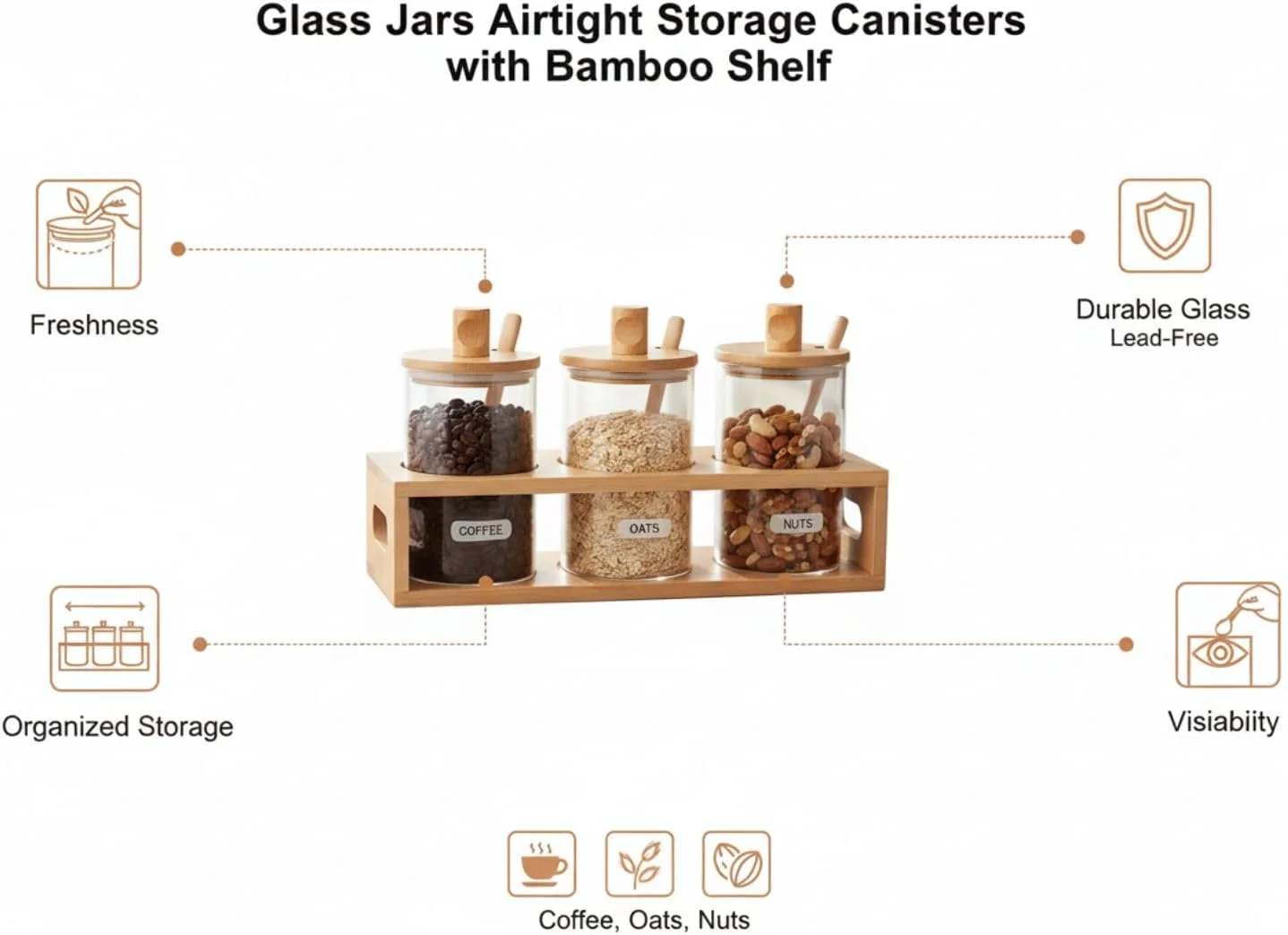 ست ظروف شیشه ای درب دار با قفسه بامبو، 3 عدد ظرف 1300 میلی لیتری برای سازماندهی قهوه، ظروف نگهداری مواد غذایی آشپزخانه برای شکر، آبنبات، جو دوسر، آجیل ست ظروف شیشه ای درب دار با قفسه بامبو، 3 عدد ظرف 1300 میلی لیتری برای سازماندهی قهوه، ظروف نگهداری مواد غذایی آشپزخانه برای شکر، آبنبات، جو دوسر، آجیل