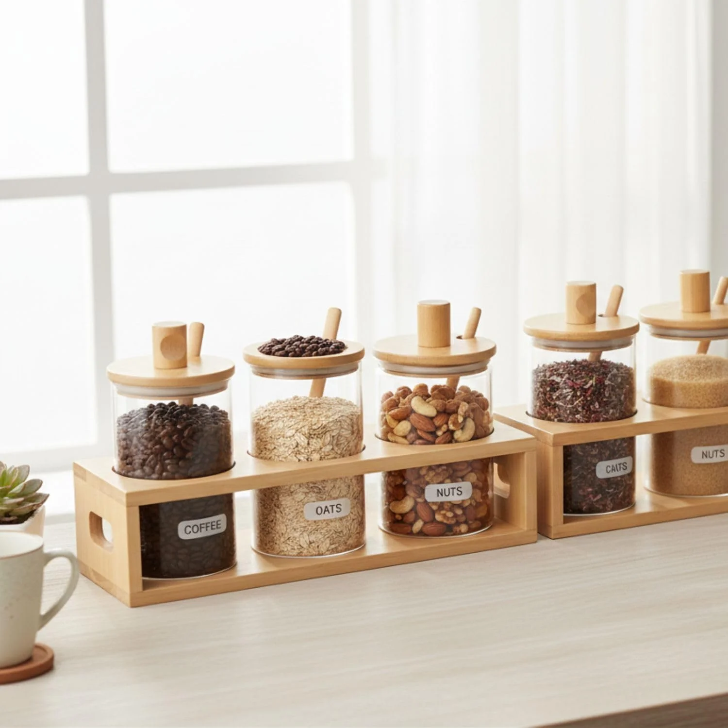 ست ظروف شیشه ای درب دار با قفسه بامبو، 3 عدد ظرف 1300 میلی لیتری برای سازماندهی قهوه، ظروف نگهداری مواد غذایی آشپزخانه برای شکر، آبنبات، جو دوسر، آجیل ست ظروف شیشه ای درب دار با قفسه بامبو، 3 عدد ظرف 1300 میلی لیتری برای سازماندهی قهوه، ظروف نگهداری مواد غذایی آشپزخانه برای شکر، آبنبات، جو دوسر، آجیل