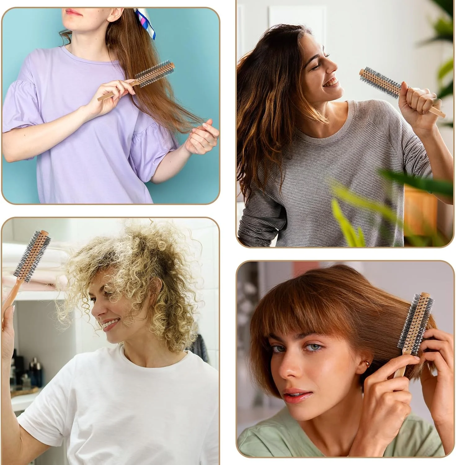 برس مو گرد برای حالت دادن و خشک کردن مو، برس رولی حالت دهنده مو برای آقایان و بانوان، دسته چوبی، دندانه های نایلونی نرم (زرد) برس مو گرد برای حالت دادن و خشک کردن مو، برس رولی حالت دهنده مو برای آقایان و بانوان، دسته چوبی، دندانه های نایلونی نرم (زرد)