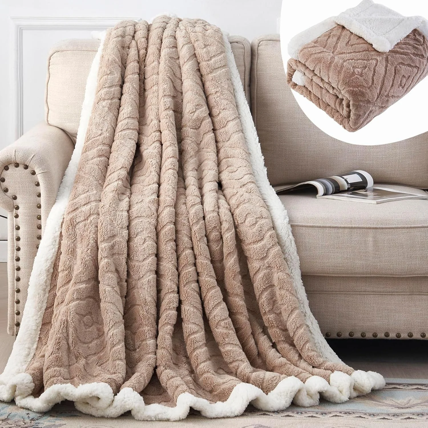 EAQ Cuddly Blanket Sofa Blanket (Beige, 127 x 160 cm)