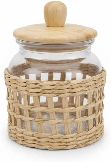 شیشه نگهداری با درب چوبی و روکش سبد حصیری بافته شده طبیعی، ظرف آشپزخانه برای چای، قهوه، ادویه جات