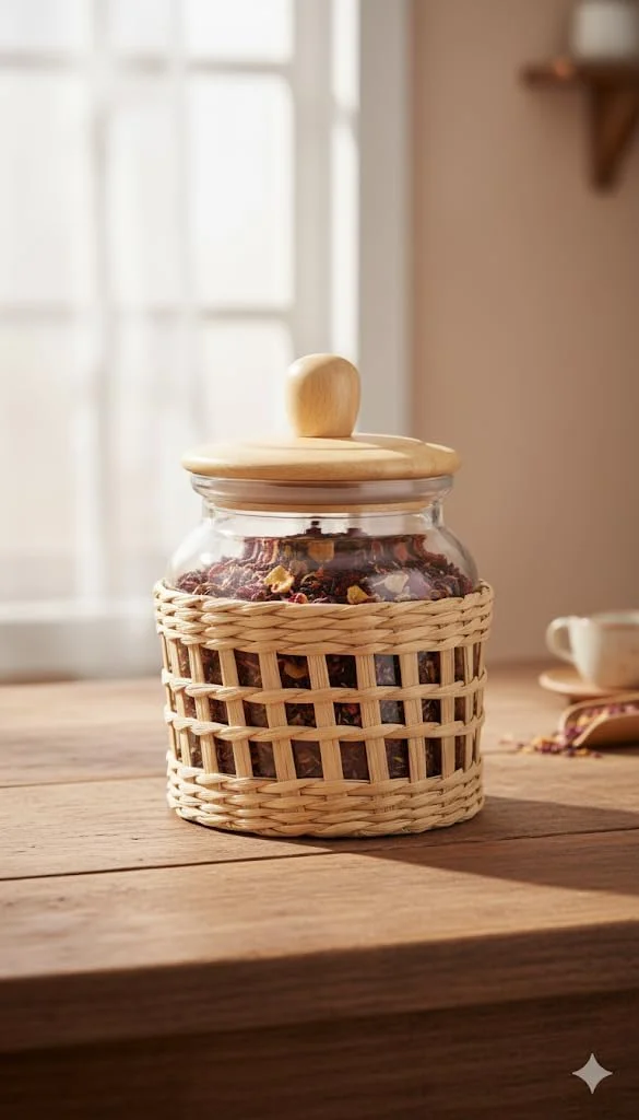 شیشه نگهداری با درب چوبی و روکش سبد حصیری بافته شده طبیعی، ظرف آشپزخانه برای چای، قهوه، ادویه جات شیشه نگهداری با درب چوبی و روکش سبد حصیری بافته شده طبیعی، ظرف آشپزخانه برای چای، قهوه، ادویه جات