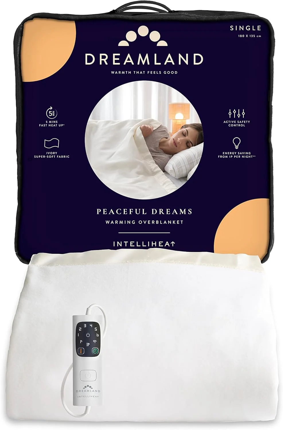 پتو برقی تک نفره Dreamland Peaceful Dreams، گرم شدن سریع، رو تختی، 6 تنظیمات حرارتی، کنترل های ایمنی خودکار، تایمر، قابل شستشو در ماشین لباسشویی، کنترل جداشدنی، کنترلر تکی، 180 x 135 سانتی متر