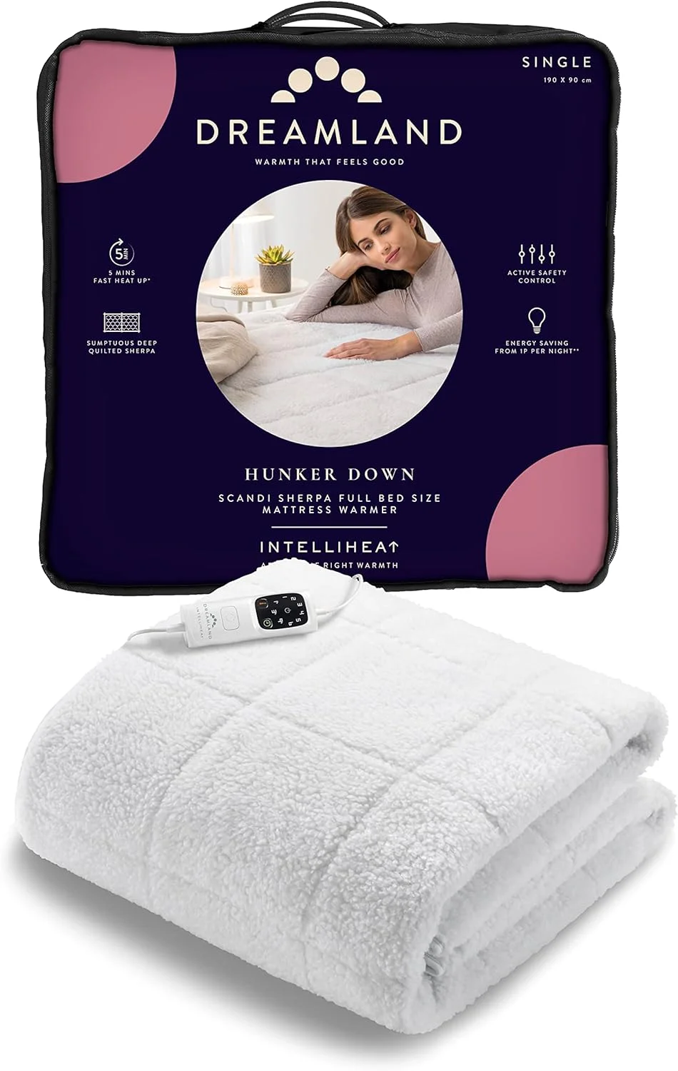 زیرانداز برقی گرمایشی سریع Dreamland Intelliheat+ Scandi مناسب تخت کامل، پتو برقی یک نفره 190x90 سانتی متر، دارای بندهای کشی، 1 کنترل، 6 تنظیمات دما و تایمر، قابل شستشو در ماشین لباسشویی