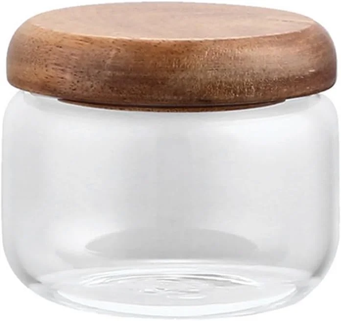 ظرف شیشه ای 300 میلی لیتری نگهداری مواد غذایی با درب چوبی، شیشه حبوبات درب دار مناسب آشپزخانه برای نگهداری قهوه، شکر، چای، ادویه جات، آجیل، آبنبات، مناسب برای سازماندهی کابینت و قفسه