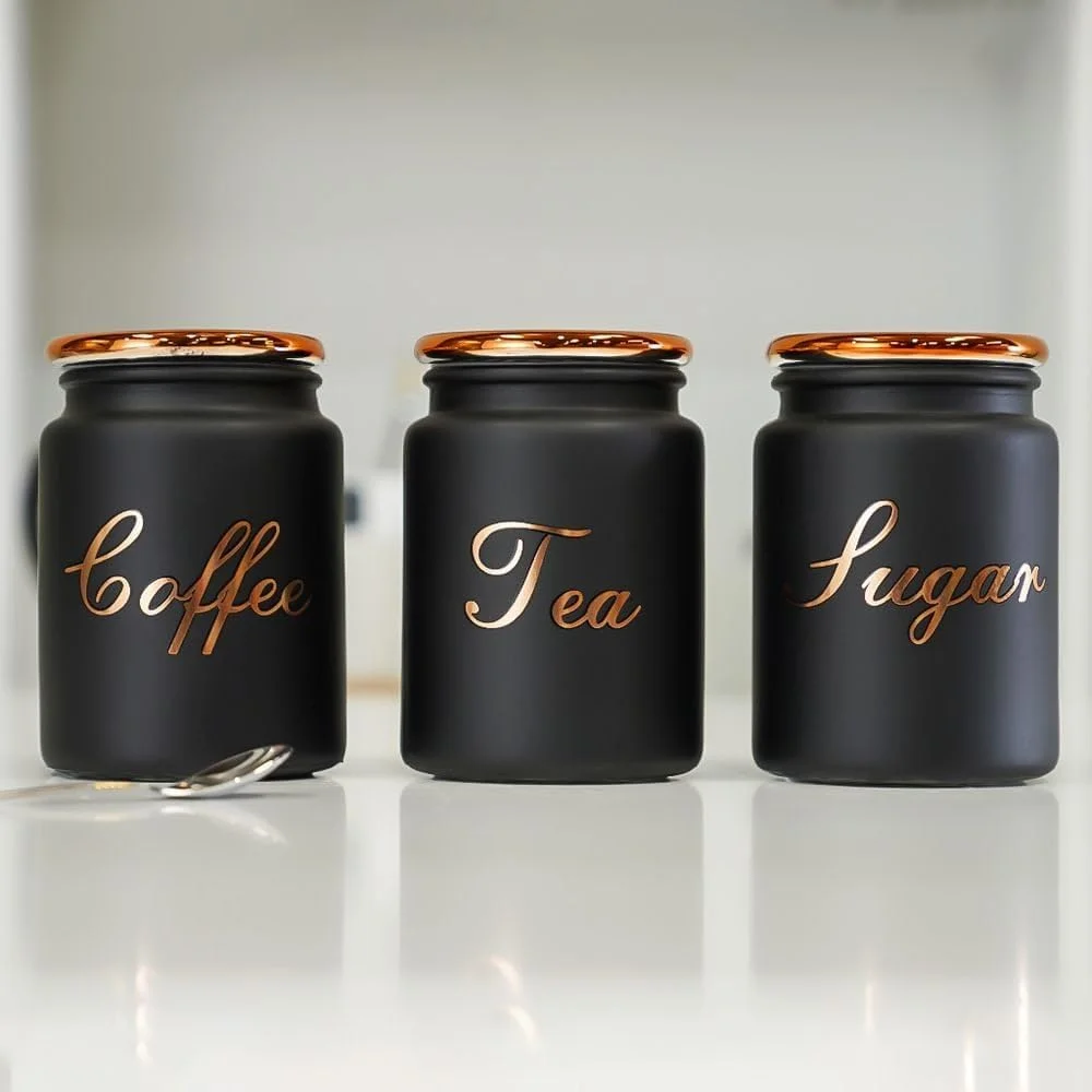ست 3 تایی جا ادویه شیشه ای مشکی و طلایی Adrian - ظرفیت 700 میلی لیتر - نظم دهنده شیک آشپزخانه برای نگهداری مواد غذایی - دکوراسیون زیبای منزل - ایده آل برای کابینت و روی میز
