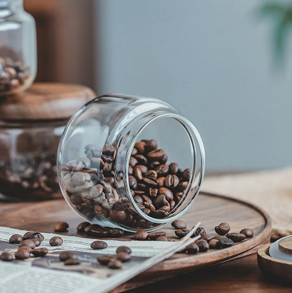 ظرف شیشه ای 300 میلی لیتری نگهداری مواد غذایی با درب چوبی، شیشه حبوبات درب دار مناسب آشپزخانه برای نگهداری قهوه، شکر، چای، ادویه جات، آجیل، آبنبات، مناسب برای سازماندهی کابینت و قفسه