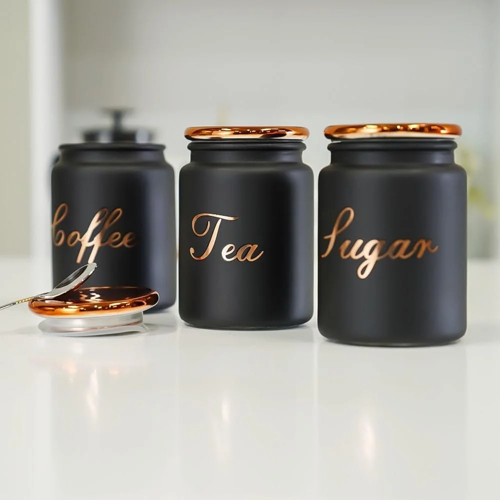 ست 3 تایی جا ادویه شیشه ای مشکی و طلایی Adrian - ظرفیت 700 میلی لیتر - نظم دهنده شیک آشپزخانه برای نگهداری مواد غذایی - دکوراسیون زیبای منزل - ایده آل برای کابینت و روی میز