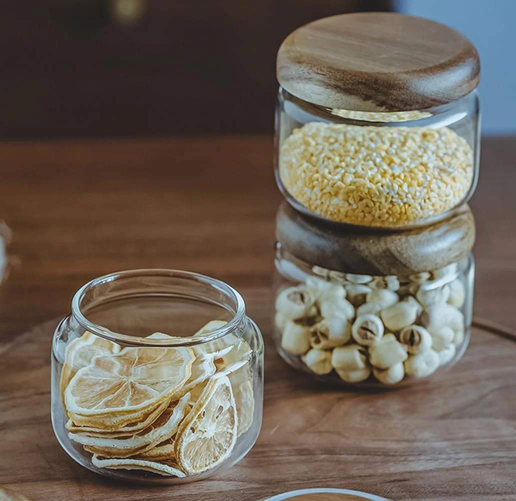 ظرف شیشه ای 300 میلی لیتری نگهداری مواد غذایی با درب چوبی، شیشه حبوبات درب دار مناسب آشپزخانه برای نگهداری قهوه، شکر، چای، ادویه جات، آجیل، آبنبات، مناسب برای سازماندهی کابینت و قفسه