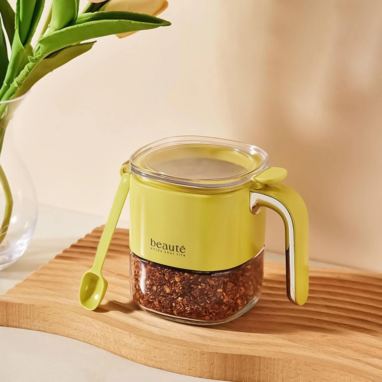 ظروف چاشنی شیشه ای | ظرف نگهداری شکر با درب و قاشق - محفظه درب دار برای پودر، نمک، فلفل، آشپزی، میز غذاخوری، رستوران