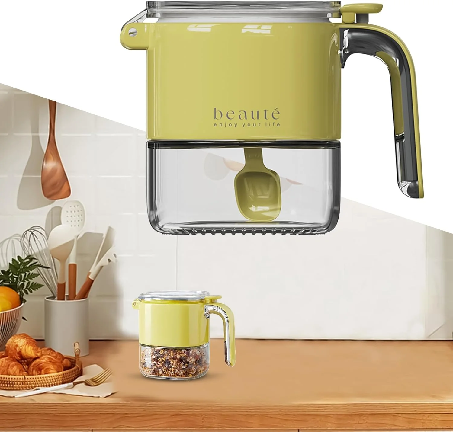 ظروف چاشنی شیشه ای | ظرف نگهداری شکر با درب و قاشق - محفظه درب دار برای پودر، نمک، فلفل، آشپزی، میز غذاخوری، رستوران