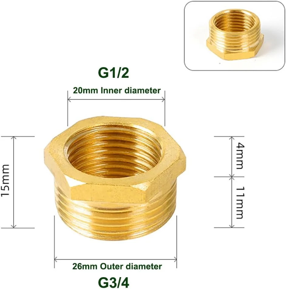 بوشن کاهنده برنجی 2 عددی، تبدیل 3/4 اینچ نر به 1/2 اینچ ماده | اتصالات لوله رزوه ای، رابط شش گوش برای آب، هوا، گاز، لوله کشی و آبیاری