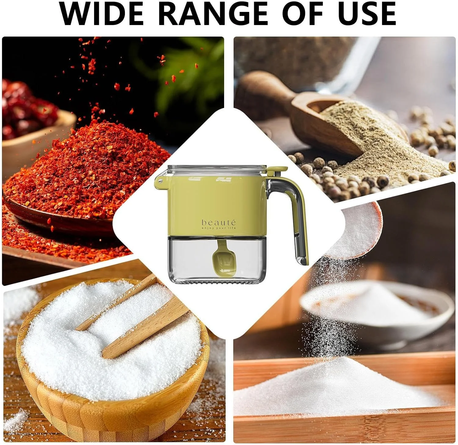 ظروف چاشنی شیشه ای | ظرف نگهداری شکر با درب و قاشق - محفظه درب دار برای پودر، نمک، فلفل، آشپزی، میز غذاخوری، رستوران