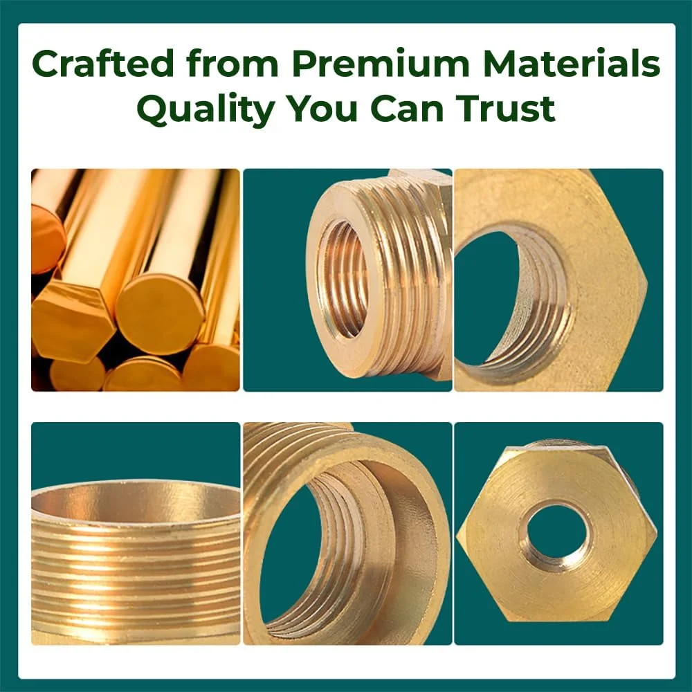 بوشن کاهنده برنجی 2 عددی، تبدیل 3/4 اینچ نر به 1/2 اینچ ماده | اتصالات لوله رزوه ای، رابط شش گوش برای آب، هوا، گاز، لوله کشی و آبیاری