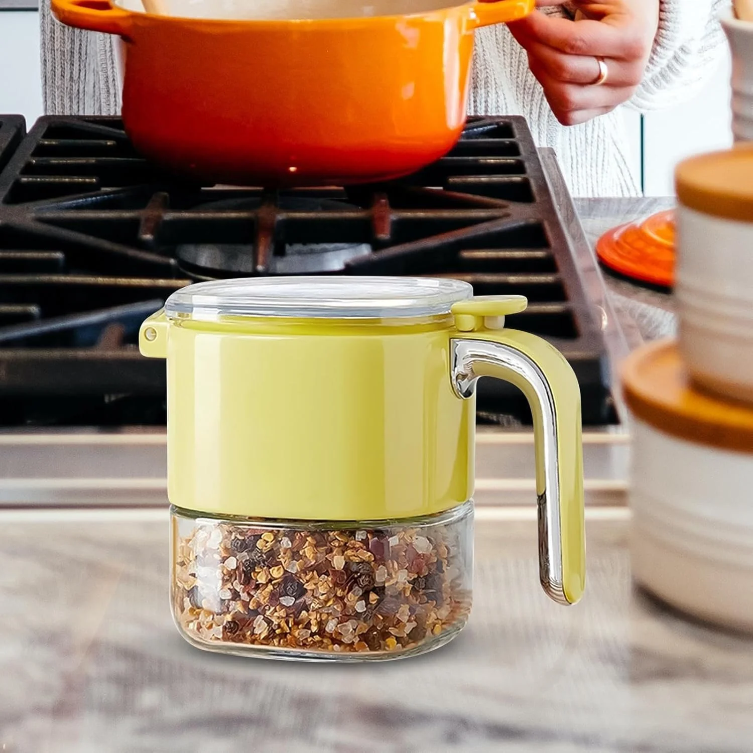 ظروف چاشنی شیشه ای | ظرف نگهداری شکر با درب و قاشق - محفظه درب دار برای پودر، نمک، فلفل، آشپزی، میز غذاخوری، رستوران