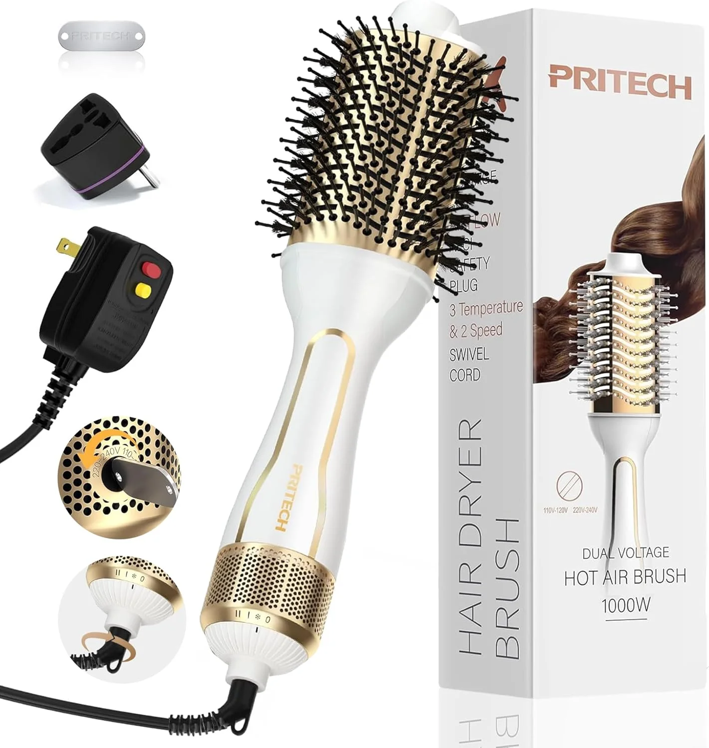 برس سشوار دو ولتاژ PRITECH، برس هوای داغ 110V-120V/220V-240V یونی 1000 وات، برس سشوار 4 در 1، حجم دهنده یک مرحله ای، برس حالت دهنده برای موهای صاف و فر سالنی