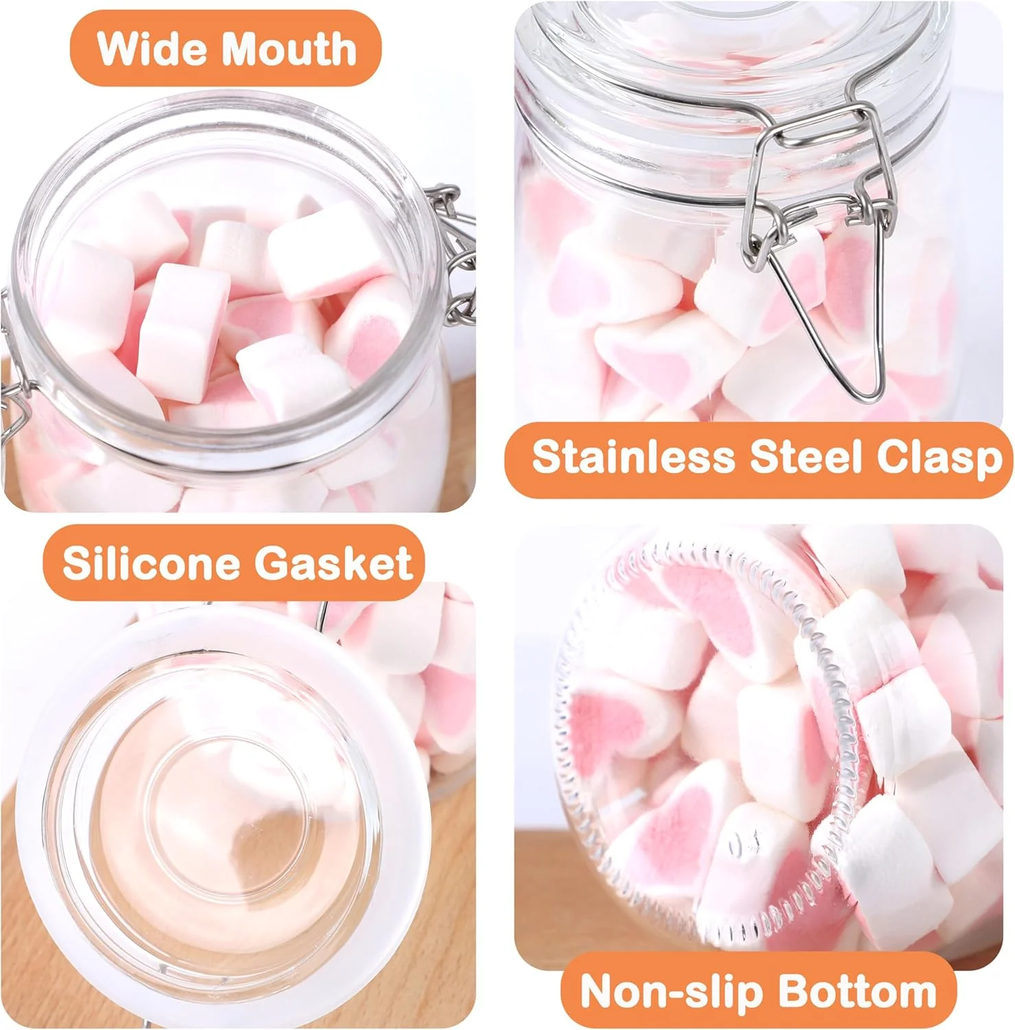 ظروف شیشه ای درب دار 473 میلی لیتری دهانه گشاد با درب های قفل دار، بسته 2 عددی، ظروف نگهداری مواد غذایی برای انبار، یخچال، آشپزخانه، ظروف شیشه ای مهر و موم شده با لاستیک برای غلات، جو دوسر، شکر، آرد، آجیل، آب نبات