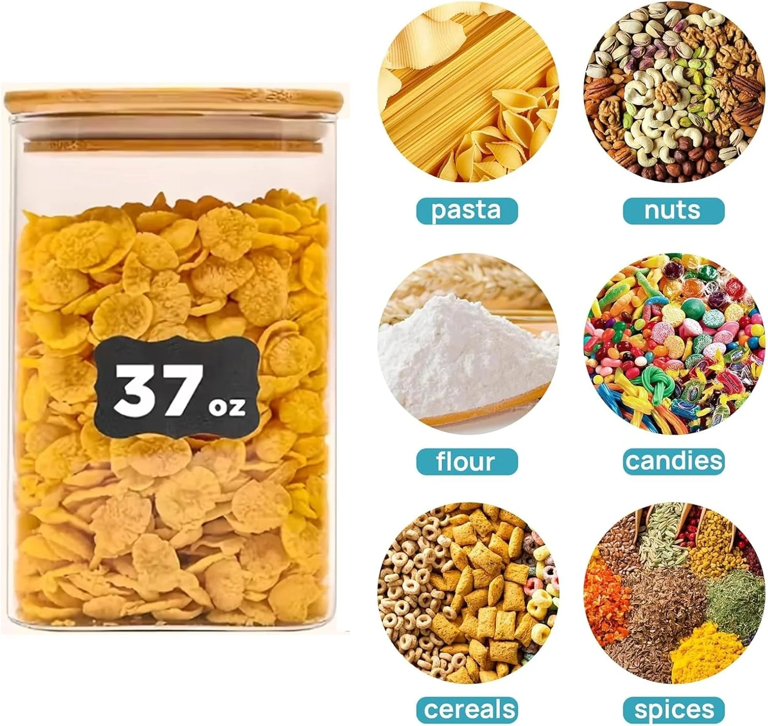 ست 6 عددی ظروف شیشه ای با درب بامبو (1100 میلی لیتر)، ظروف شیشه ای شفاف برای ادویه جات و نگهداری مواد غذایی مناسب آشپزخانه منزل، آرد، غلات، برنج، شکر، چای و دانه های قهوه