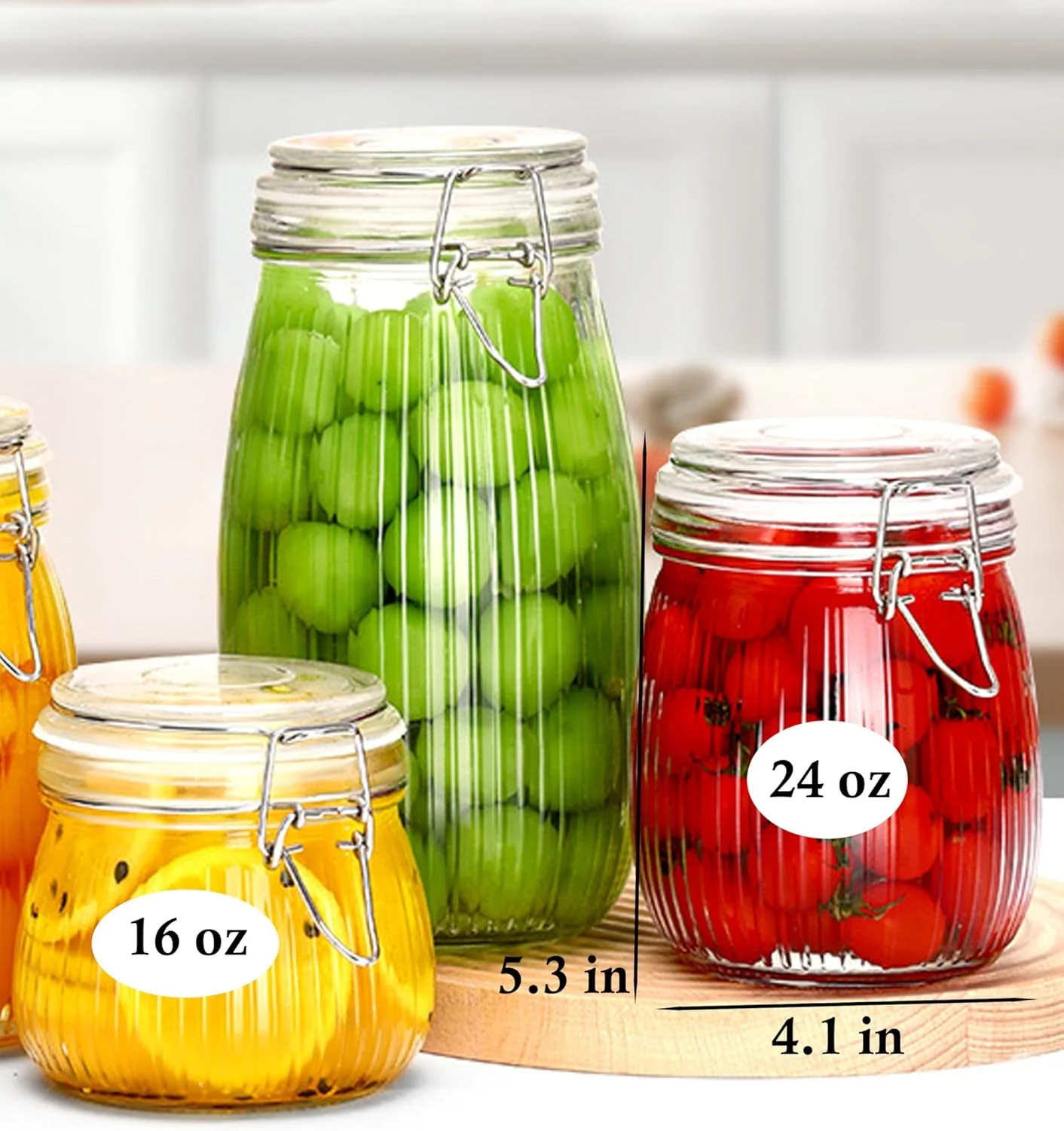 ست 3 عددی شیشه های شیشه ای 710 میلی لیتری با درب گیره ای، دهانه گشاد و هوا بند، ظروف نگهداری مواد غذایی مناسب آشپزخانه، یخچال، میوه، شکر، آجیل، مربا، چای و دانه های قهوه