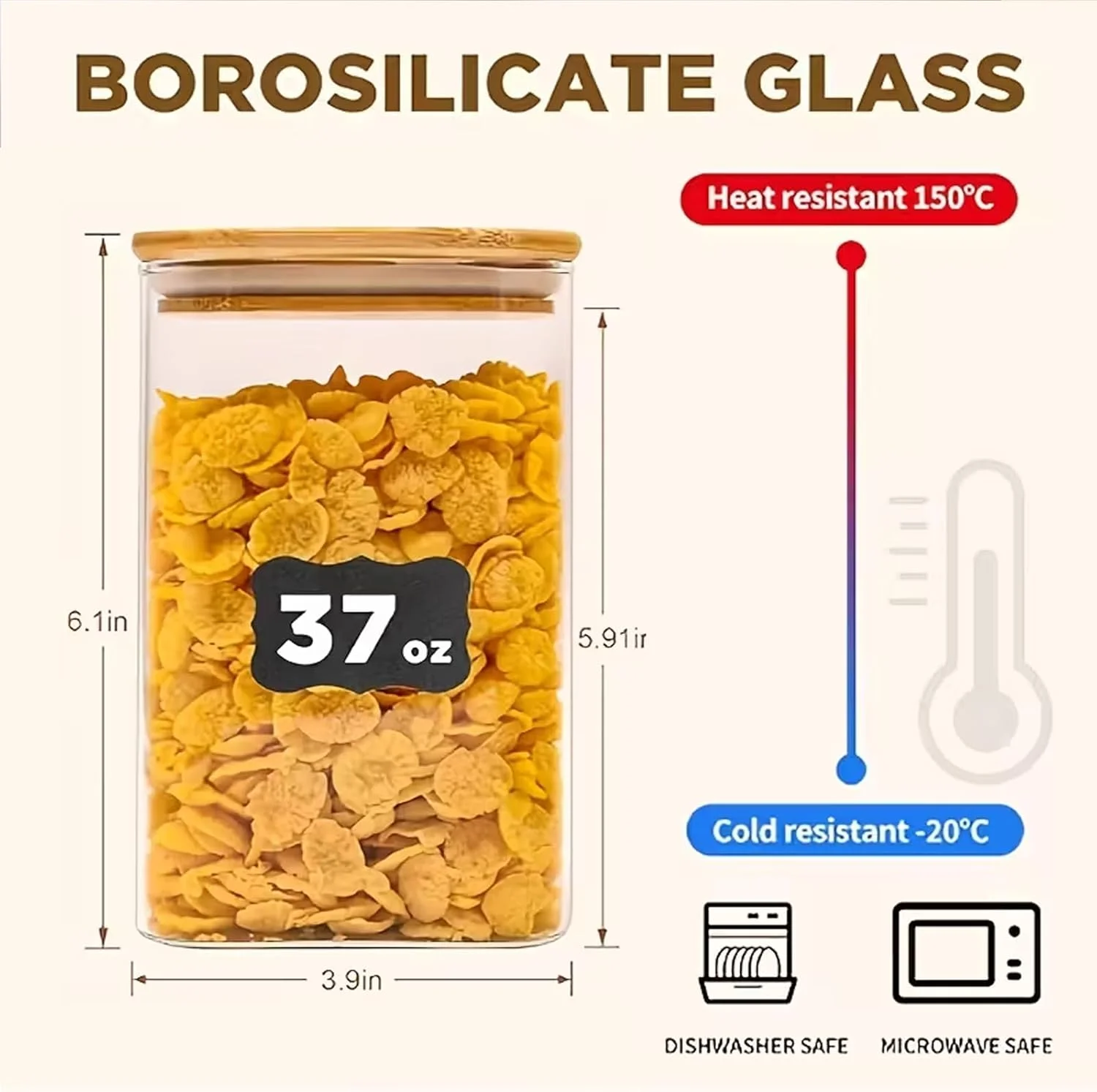 ست 6 عددی ظروف شیشه ای با درب بامبو (1100 میلی لیتر)، ظروف شیشه ای شفاف برای ادویه جات و نگهداری مواد غذایی مناسب آشپزخانه منزل، آرد، غلات، برنج، شکر، چای و دانه های قهوه